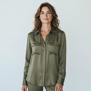 L'AGENCE‎ Lunetta Military Shirt Women's Green 100% Cupro Utility Blouse Top XS